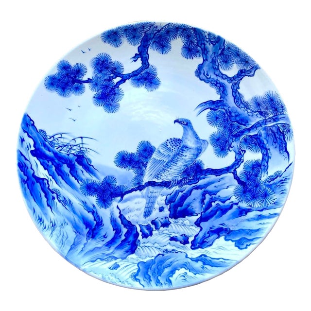 Mid 20th Century Monumental Japanese Blue & White Porcelain Charger With Hawk & Pine Landscape For Sale