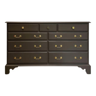 Mid-Century 9-Drawer Lowboy Dresser, Brown Matte Lacquer, Polished Brass Hardware For Sale
