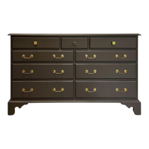 Mid-Century 9-Drawer Lowboy Dresser, Brown Matte Lacquer, Polished Brass Hardware