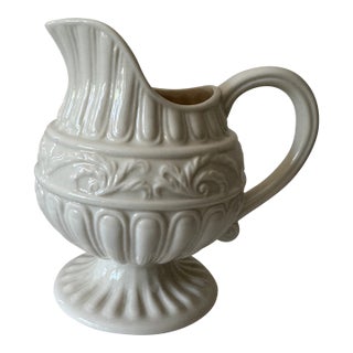Vintage Creamware Footed Pitcher With Embossed Classical Relief For Sale