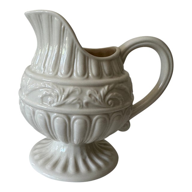 Vintage Creamware Footed Pitcher With Embossed Classical Relief For Sale