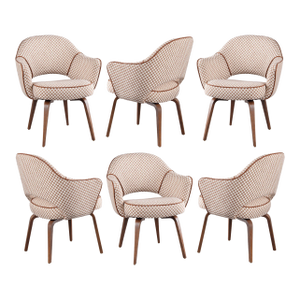Saarinen Executive Arm Chairs in Schumacher Fabric, Leather Piping, & Walnut - Set of 6