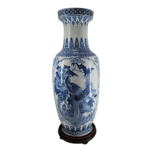 Large 34" Vintage Palace-Sized Blue & White Phoenix Vase on Carved Rosewood Finish Base