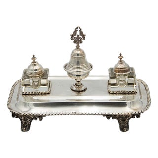 Silver Inkwell with Glass Reservoirs For Sale