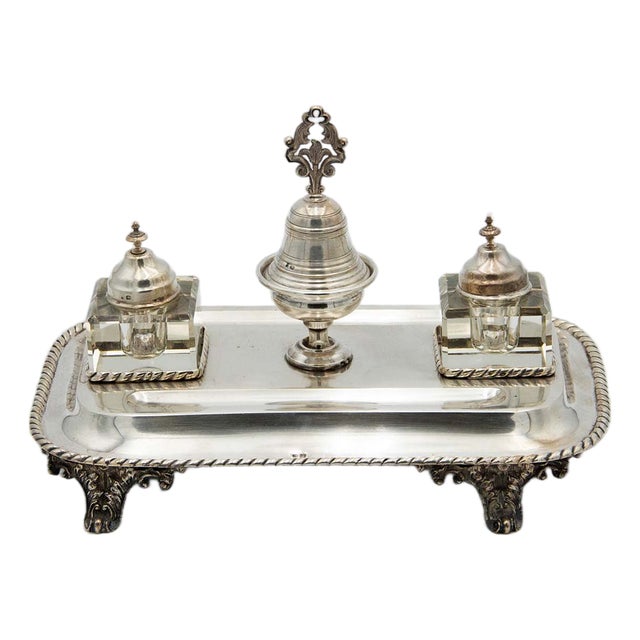 Silver Inkwell with Glass Reservoirs For Sale