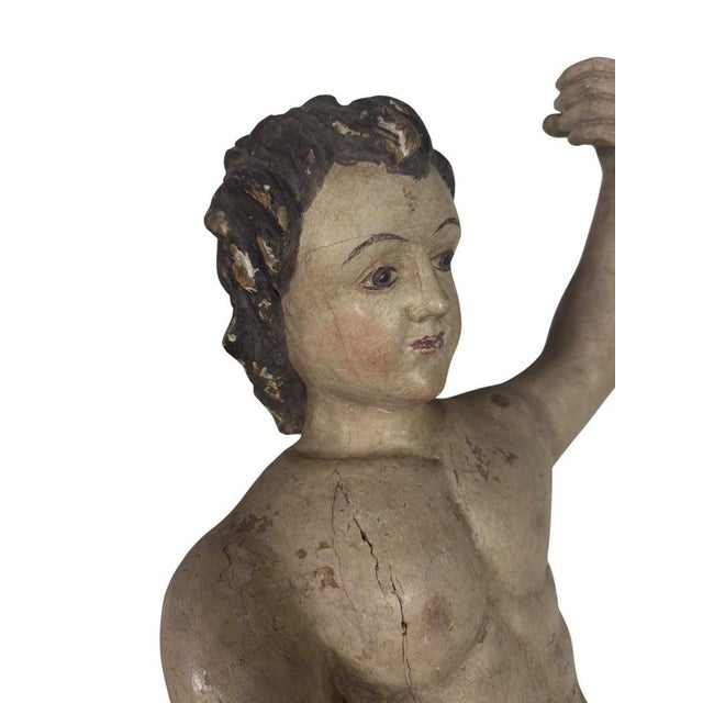 19th Century Carved Polychrome and Giltwood Statue of a Putti For Sale - Image 9 of 14