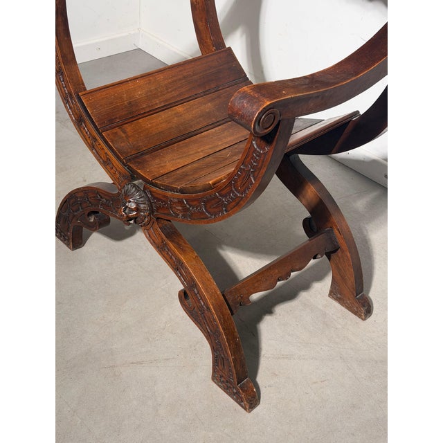Antique Renaissance Revival Savonarola Chair in Hand-Carved Oak For Sale - Image 5 of 6