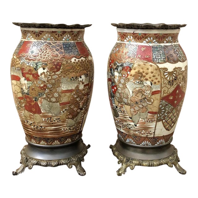 19th Century Oriental Satsuma Vases Ca. 1880 - a Pair For Sale