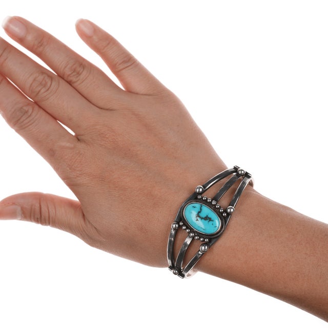 6.5" 30's-40's Navajo silver cuff bracelet with turquoise For Sale - Image 11 of 11