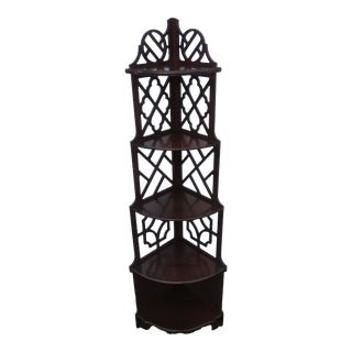 Mahogany Tall Narrow Corner Display Shelf Cabinet For Sale