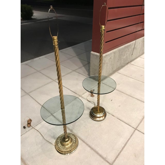 James Mont Pair of Brass Twist Floor Lamps With Glass Tray Tables Manner of Stiffel For Sale - Image 4 of 13