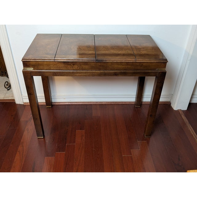 A campaign-style backgammon sofa console/game table by Lane Furniture with style number 920 62. Manufactured by the Lane...