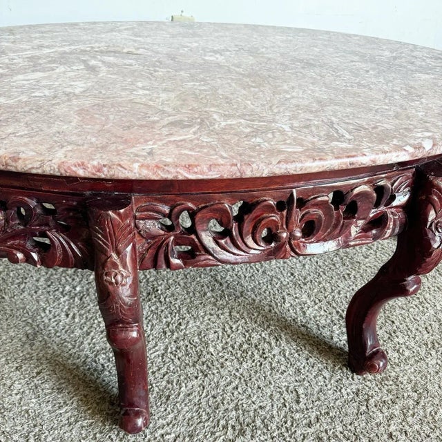 Chinese Rosewood Hand Carved Pink Marble Top Oval Coffee Table For Sale - Image 4 of 8
