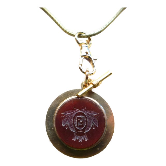 Antique Carved Carnelian Gold Round Pendant Necklace, Initial "F", Snake Chain, Toggle For Sale