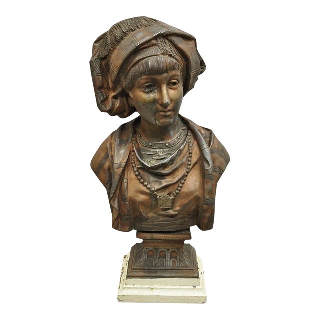 19th Century Antique E. Rousseau Cast Spelter Metal French Maiden Woman Bust Sculpture For Sale