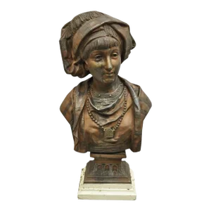 19th Century Antique E. Rousseau Cast Spelter Metal French Maiden Woman Bust Sculpture