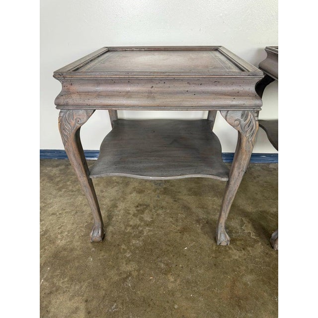 Pair of Distressed English Chippendale End Tables, Leather Tops, 1930s For Sale - Image 10 of 15