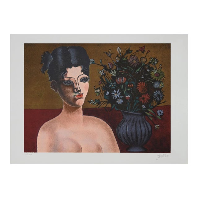 Franco Gentilini - Girl With Flowers - Lithograph - 1980s For Sale
