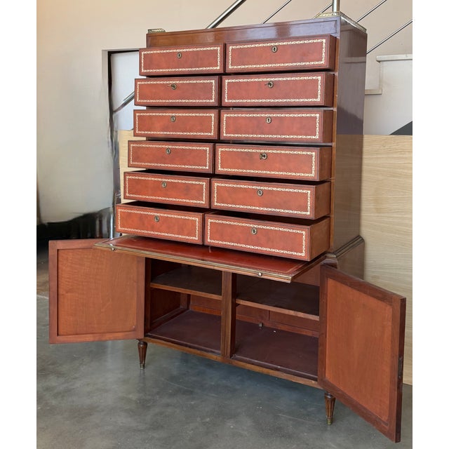 Vintage Chippendale Style Orange Tooled Leather Commode Chest of Drawers with Secretary, 1920s For Sale - Image 6 of 11