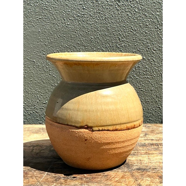 Tan Vintage Half Glaze Pottery Vase For Sale - Image 8 of 12