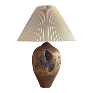 Carved Turned Wood Log Artisan Rustic Lamp + Pleated Shade For Sale