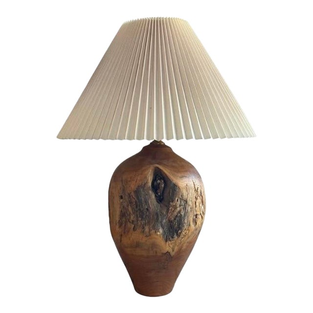 Carved Turned Wood Log Artisan Rustic Lamp + Pleated Shade For Sale