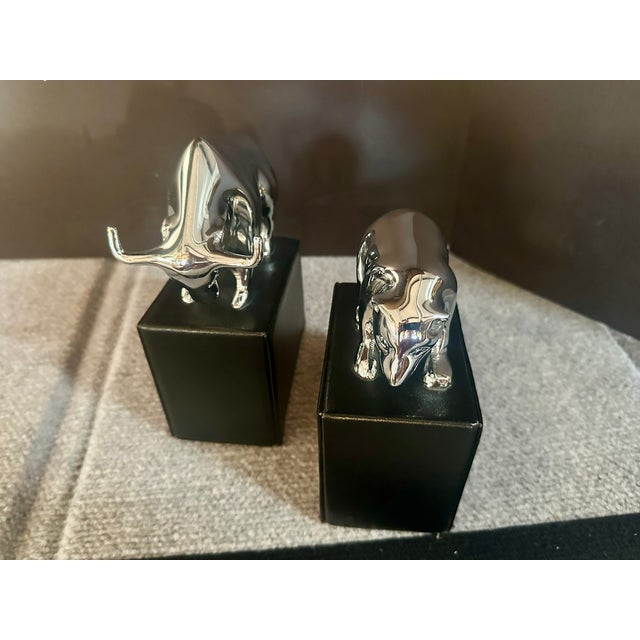 American Vintage Chrome & Leather Bull and Bear Bookends Wall Street For Sale - Image 3 of 8