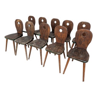 Vintage Brutalist Rustic Farmhouse Wooden Dining Chair, 1970s, Set of 8 For Sale