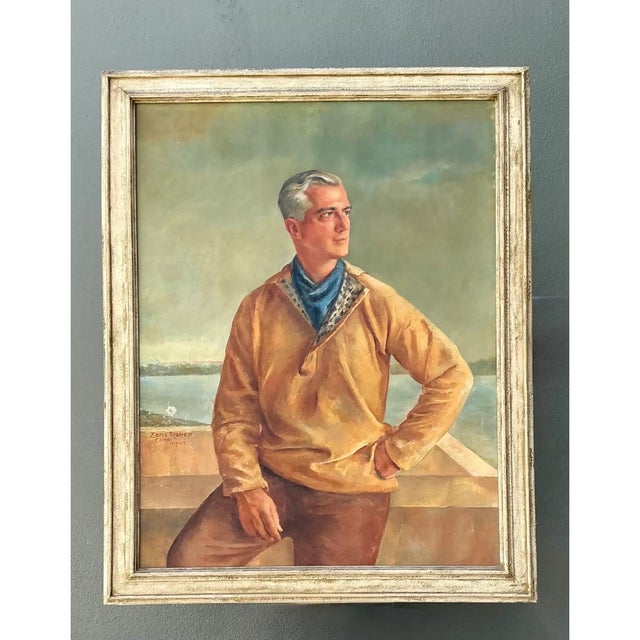 Rendered in oil on canvas and dated 1947, this monumental figurative portrait by artist Zofia Tomek depicts a...