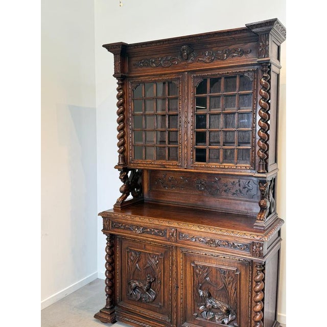 Antique Carved Oak Display Cabinet with Barley Twist Columns For Sale - Image 4 of 7