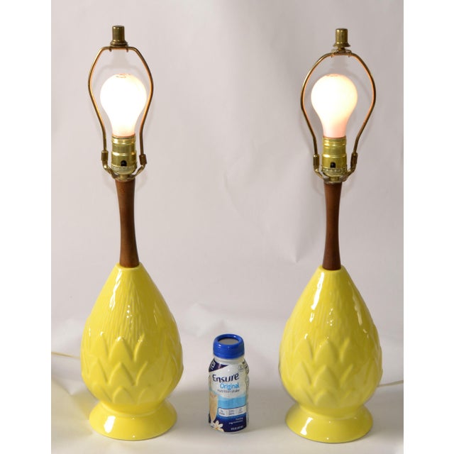 Wood 1970s Pair, Vintage Eames Era Ceramic Pineapple Shape Walnut Neck Table Lamps & Shades For Sale - Image 7 of 12