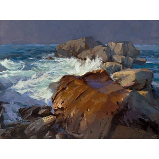 Opposing Forces by Judd Mercer | Gouache Painting of waves crashing on rocky shore For Sale