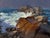 Opposing Forces by Judd Mercer | Gouache Painting of waves crashing on rocky shore For Sale