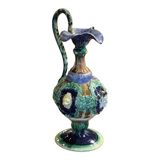 19th Century French Thomas Sergent Hand Painted Faience Barbotine Ewer For Sale