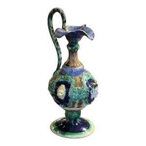 19th Century French Thomas Sergent Hand Painted Faience Barbotine Ewer