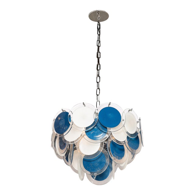 Modernist Four-Tier White & Cerulean Murano Glass Disc Chandelier For Sale