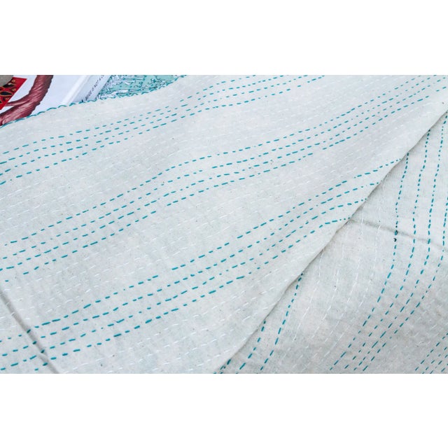 Textile Aqua Garden Indian Block Printed Blanket For Sale - Image 7 of 8