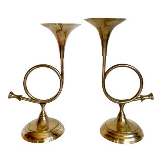 Pair of Brass French Horn Candlestick Holders For Sale