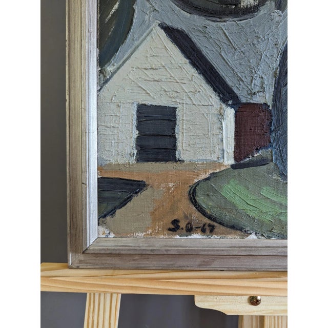 Green 1967 Mid-Century Modern Swedish "House by the Trees" Vintage Landscape Oil Painting, Framed For Sale - Image 8 of 11
