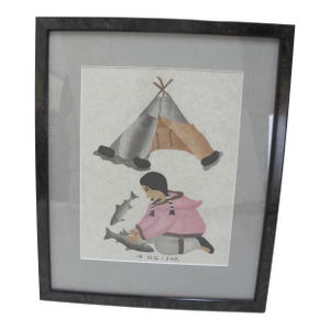 Inuit Canadian Mabel Nigiyok Signed Framed Woman Cleaning Fish Stenciled Print