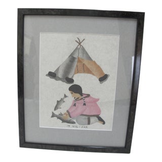 Mabel Nigiyok Canadian Inuit Woman Cleaning Fish Signed Stenciled Print For Sale