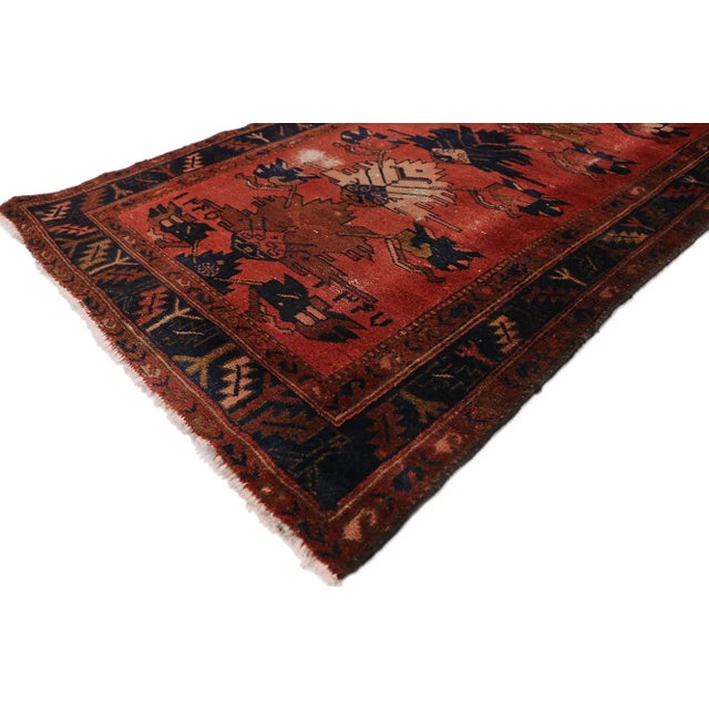 Distressed Antique Persian Hamadan Runner with Rustic English Manor Tudor Style 03'04 x 09'11. With its warm, rich colors...