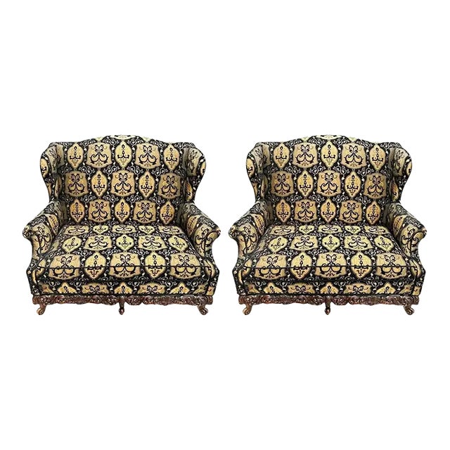 Italian Rococo Revival Style Settee or Sofa, Black and Beige Upholstery, a Pair For Sale