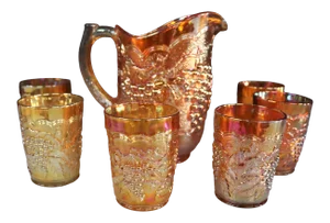 Orange Iridescent Art Glass Water Pitcher & 6 Glasses - 7 Pc Set