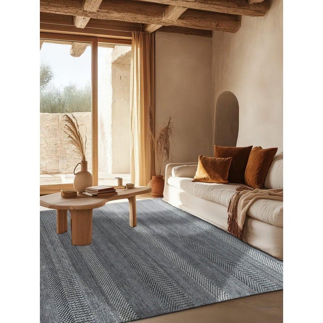 2020s 8x10 Gray Hand-Knotted Wool Viscose Striated Texture Solid Open Field Carpet Rug For Sale - Image 5 of 7