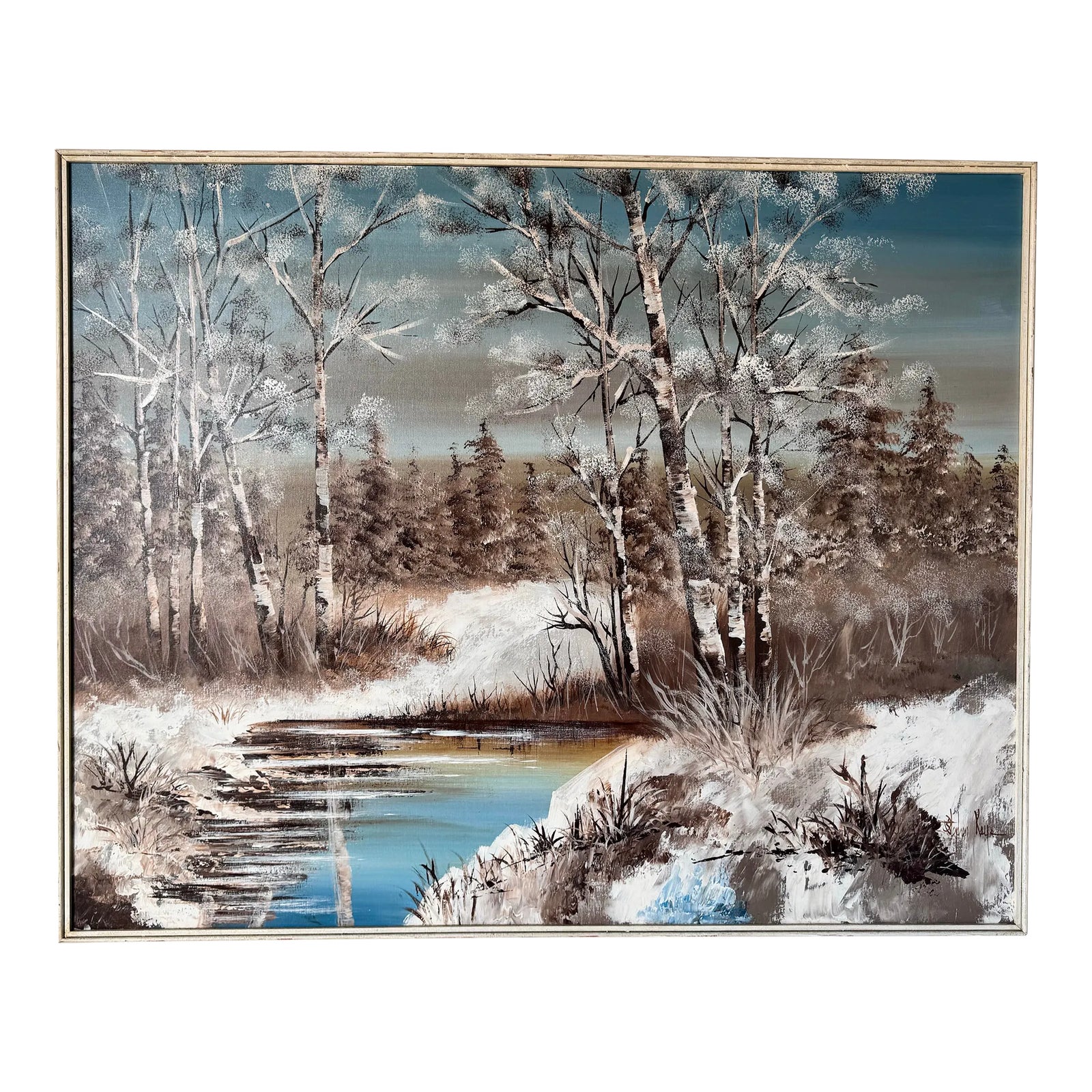 A Large Vintage 1970's Serene Winter Landscape Oil Painting