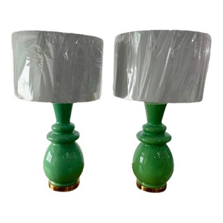 Traditional Triple Gourd Table Lamps, Green With Brass Base and Shades - Set of 2 For Sale