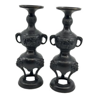 Black Bronze Japanese Candleholders Incense Burner - a Pair For Sale