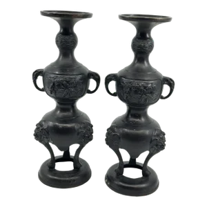Black Bronze Japanese Candleholders Incense Burner - a Pair