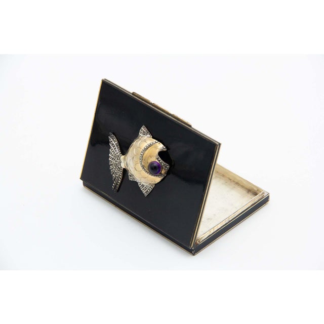 Enamel-Covered Silver Cigarette Case with Fish on the Lid, in Good conditions. Designed 1920 to 1949